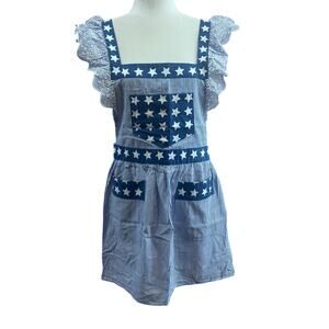 Women's Cotton Flag Patriotic Whimsical Floral Handmade Apron Ruffle Straps S/M